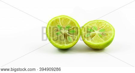 Limequat Cutaway Macro Photo Banner On White Isolated Background