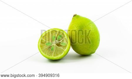 Illustrative Photo Of Limequat In Cutaway Close-up, Banner, On White Isolated Background