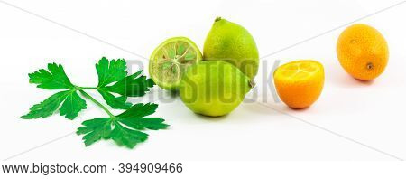 Kumquats And Limequats, Beautiful Composition Of Small Citrus Fruits On White Isolated Background Ba