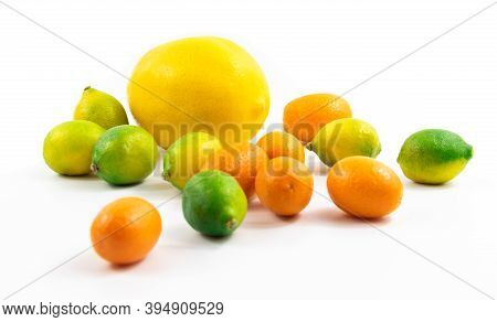 Photo With Citrus Lemon Kumquat And Limequat On White Isolated Background Banner