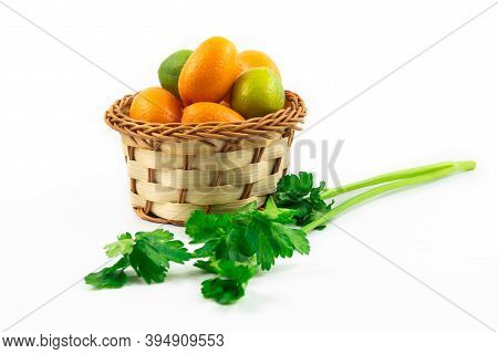 Citrus Fruits In Basket Exotic Kumquats And Limequats On White Isolated Background