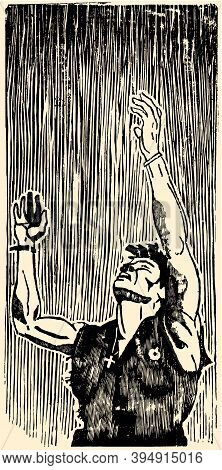 Scanned Woodcut Of A Soldier Raising His Hands To The Sky In Dramatic Way And Comics Style. Xylograp