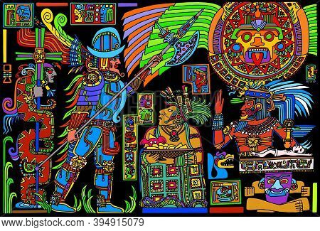 Colorful Illustration Of Spanish Conquistador Meeting Pre-columbian Native American People, In Comic