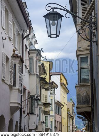 Historic City Of Merano, Bolzano, Trentino Alto Adige, Italy. A Street With Arches