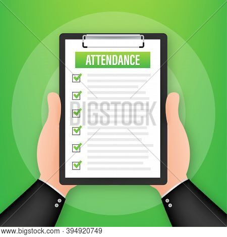 Attendance Clipboard With Checklist. Businessman Holding Document. Questionnaire, Survey. Vector Sto