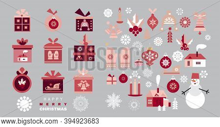 Christmas Set Elements With  Balls, Christmas Toy, Snowflakes. Holidaus  Art  Collection  Template D
