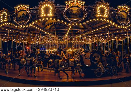 11/15/2020: A Night Shot Of A Carousel, Illumintaed At Dumbo Park In Brooklyn, Ny.