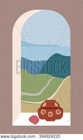 Open Old Window With Landscape Absctract View And Stillife, Vase, Friut. Mountains Sea And Ocean. Mi