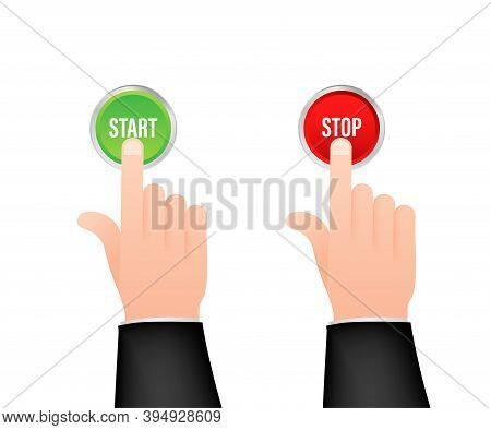 Hand With Finger Press Start Stop Green And Red Button. Click Sign. Hand Click. Vector Stock Illustr