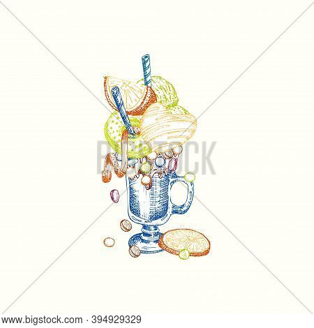 Monster Shake Dessert, Isolated Background. Hand Drawn Color Line Art, Sketch Style Chocolate, Donut