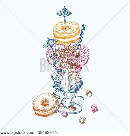 Monster Shake Dessert, Isolated Background. Hand Drawn Color Line Art, Sketch Style Chocolate, Donut