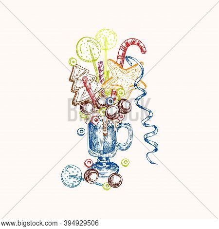 Monster Shake Dessert, Isolated Background. Hand Drawn Color Line Art, Sketch Style Chocolate, Donut