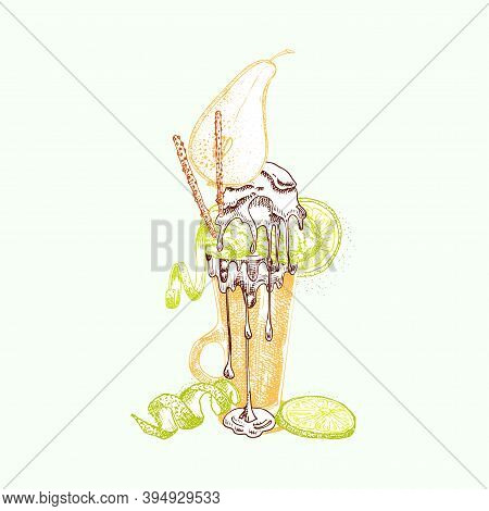 Monster Shake Dessert, Isolated Background. Hand Drawn Color Line Art, Sketch Style Chocolate, Donut
