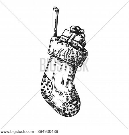 Christmas Sock Isolated On White Background. Sketch, Vector