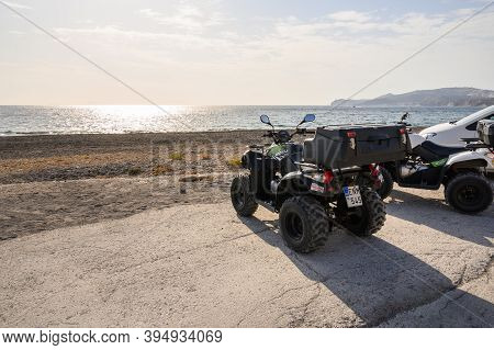 Santorini, Greece - September 16, 2020: Quad Bike Parked At The Vlychada Beach. Santorini Island, Gr