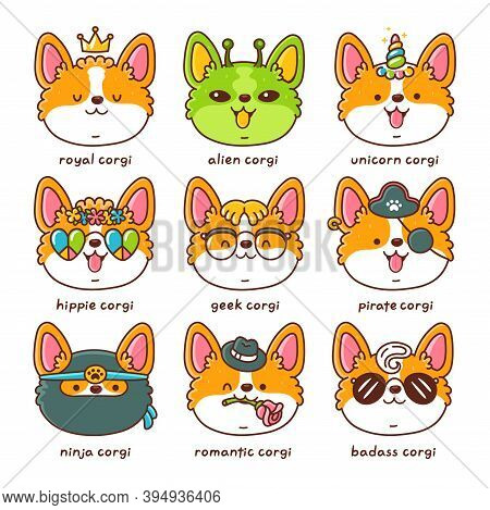 Cute Happy Different Corgi Dog Face Set Collection. Vector Flat Line Cartoon Kawaii Character Icon. 