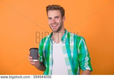 Hospitable Barista Offer You Beverage. Drink For Inspiration. Handsome Man Drink Coffee To Go Paper 