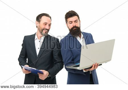 Employees And Employment. Male Employees Isolated On White. Businessmen Brainstorm Using Computer. D