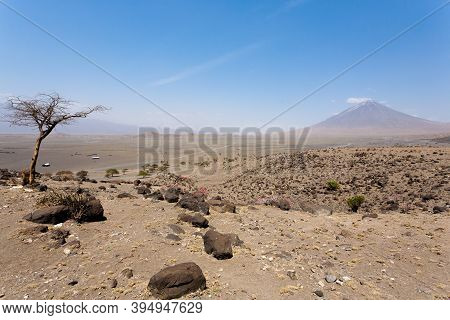 Lake Natron Area Landscape, Tanzania, Africa. Ol Doinyo Lengai Volcano. Mountain Of God. African Pan