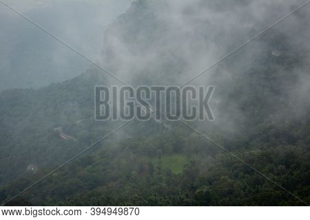 Scenic View Of The Foggy Landscape With Winding Ghat Road On The Way To Yercaud, Salem, India.