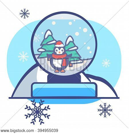 Penguin In Glass Ball On White Isolated Backdrop. Christmas Postcard For Invitation Or Gift Card, No