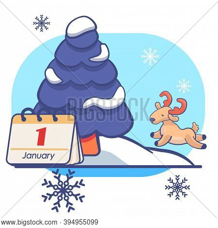 Deer And Fir Tree On White Isolated Backdrop. Christmas Holiday Postcard For Invitation Or Gift Card