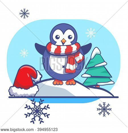 Penguin And Red Santa Hat On White Isolated Backdrop. Christmas Postcard For Invitation Or Gift Card