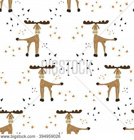 Seamless Pattern With Funny Deer In A Cheerful Pose. Hand Drawn Adorable Deer With A Raised Paw.