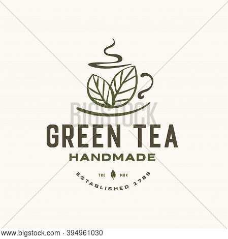 Cup And Hot Green Tea Leaf Vector Illustration Logotype Template