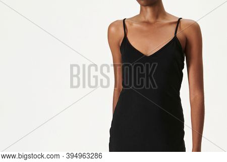 Black woman in a black fitted dress mockup 