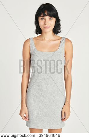 Gray fitted dress mockup on a gray background