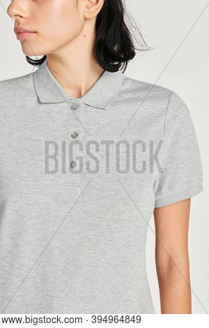 Women's collared shirt mockup in light gray