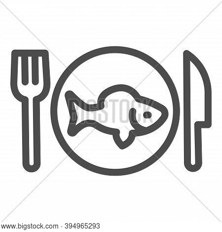 Fish In Plate With Fork And Knife Line Icon, Seafood Concept, Menu Fish Restaurant Sign On White Bac