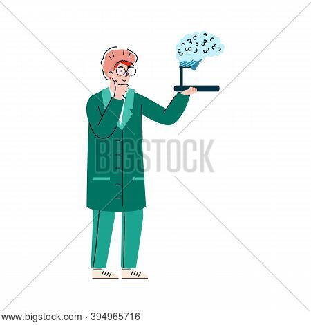 Cartoon Neurologist Doctor Looking At Human Brain Model - Medicine Man In Medical Clothes Holding Ne