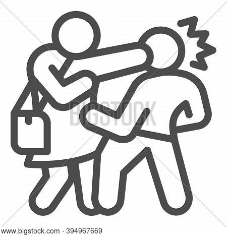 Woman With Bag Defending Herself From Bandit Line Icon, Self Defense Concept, Girl Beats Man In Head