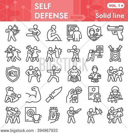 Self Defense Line Icon Set, Defense Against Attacker Symbols Collection Or Sketches. Security With A
