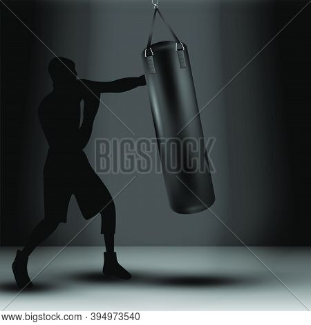 Boxer Beats A Punching Bag On A Dark Background . Sports Items. 3d . Eps 10+