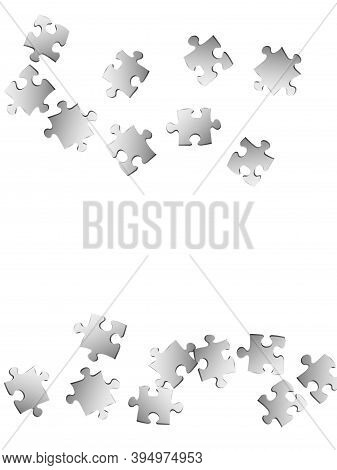Abstract Tickler Jigsaw Puzzle Metallic Silver Pieces Vector Background. Scatter Of Puzzle Pieces Is
