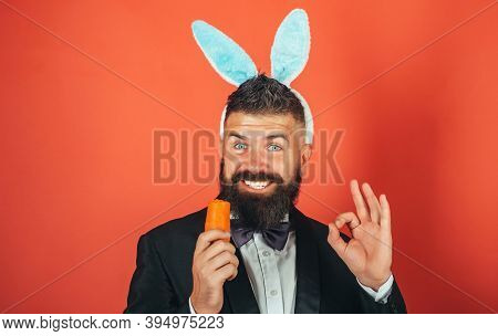Easter Copy Space. Easter Man With Carrot. Happy Spring Holiday And Easter. Healthy And Happy Holida