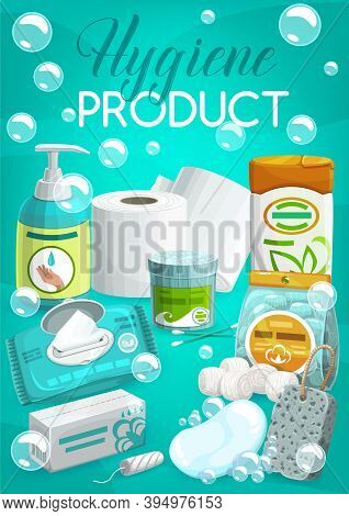 Personal Hygiene Products And Toiletries Banner. Liquid Soap Or Hand Sanitizer, Wipe Napkins, Tampon