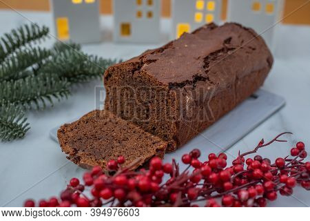 Sweet Chocolate Gingerbread Cake On Festive Background