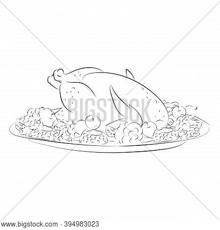Line Turkey With Vegetables On The Holiday Table Isolated On White Background. Happy Thanksgiving.