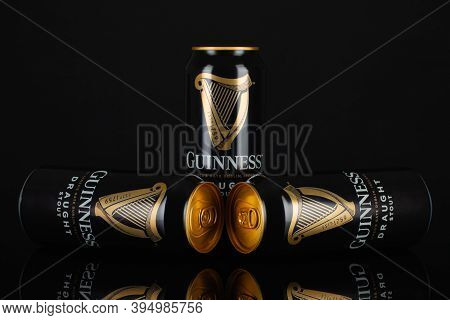 Prague,czech Republic - 12 November,2020:guinness Cans On The Black Background.guinness Is A Dark Ir