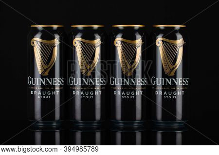 Prague,czech Republic - 12 November,2020:guinness Cans On The Black Background.guinness Is A Dark Ir