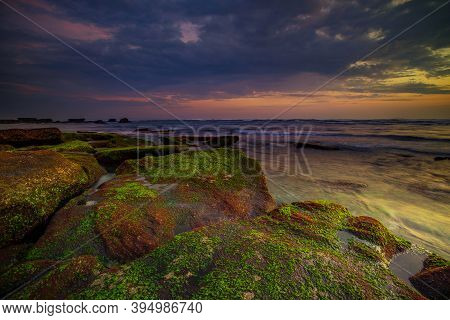 Stunning Seascape. Beach With Big Stones Covered By Geen Moss. Low Tide. Composition Of Nature. Moti