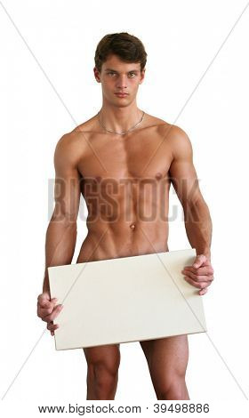 Nackte muskulöse Mann Bedeckung mit einer Kopie Speicherplatz leer Zeichen isolated on white