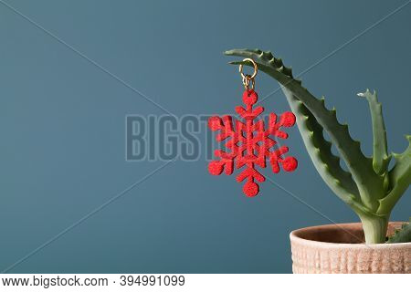 Christmas Decoration In Form Of Red Snowflake On Green Aloe Vera In Pot On Blue Background. New Year