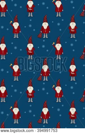 Seamless Pattern Nisse Santa Claus Scandinavian Folk Style, In Red Fur Coat Isolated On White Backgr