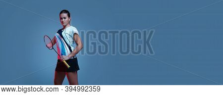 Flyer. Beautiful Handicap Woman Practicing In Badminton Isolated On Blue Background In Neon Light. L