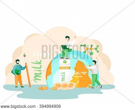 Plant-based Vegan Nutty Milk. Healthy Cow Alternative To Lactose Milk. Cartoon Illustration Of Small